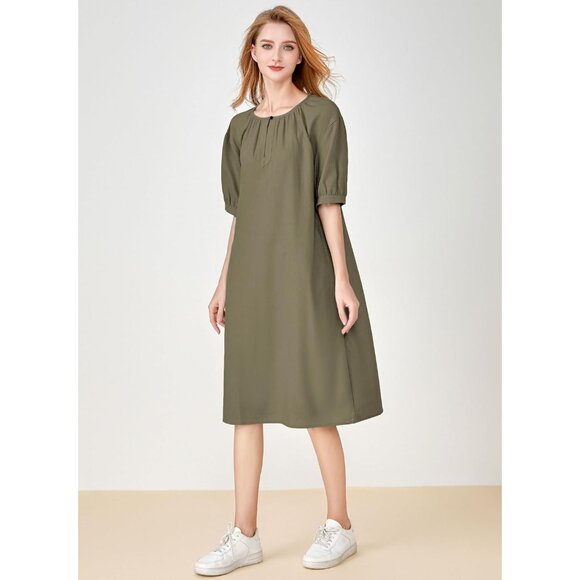 Women's Cotton Linen Dress Short Sleeve Midi Casual Plus Size with Pockets - Picture 2 of 3